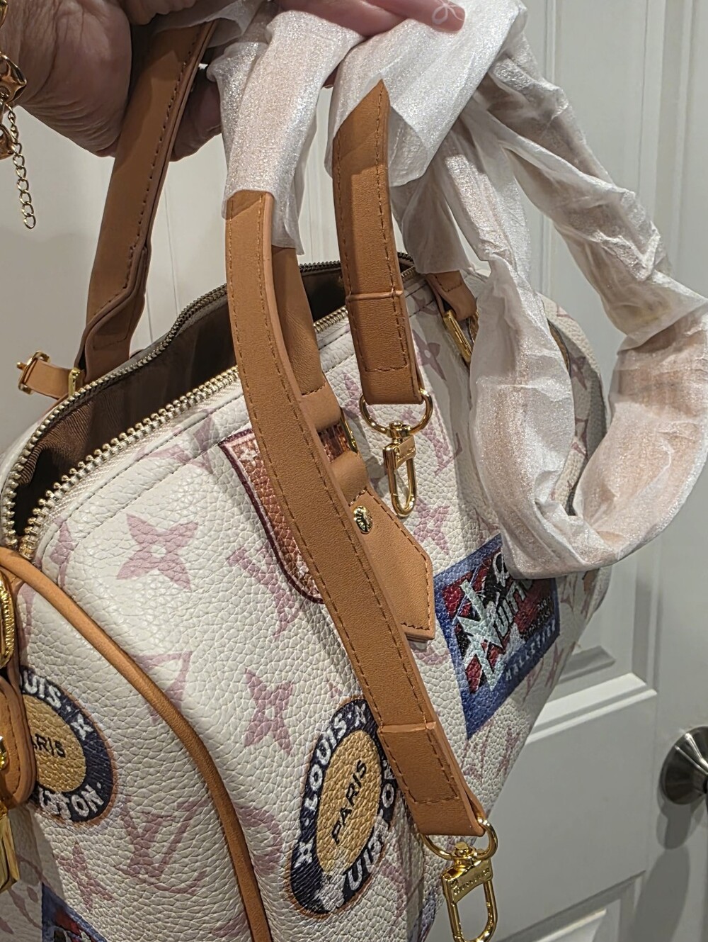 Source Unknown White and Pink Monogram Satchel with Tan Accents - Picture 5 of 6